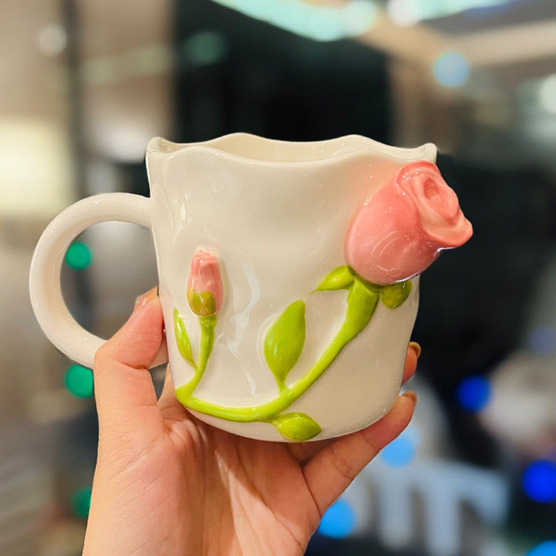 3D Mug With Roses And Tulips Wavy Edge Cup Pink Flowers