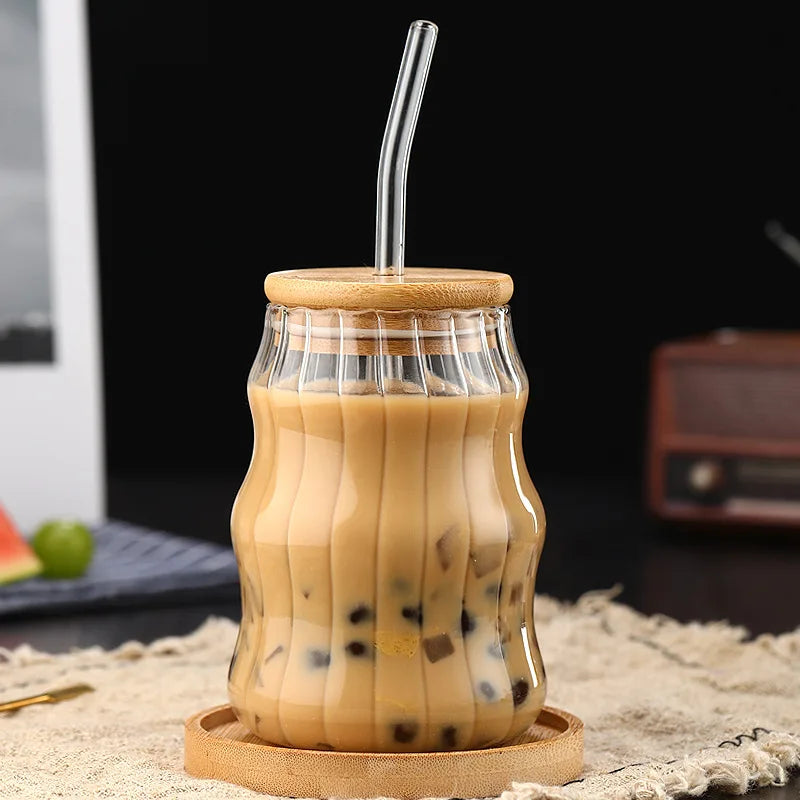 Stripe Glass With Bamboo Lid And Glass Straw - Yililo