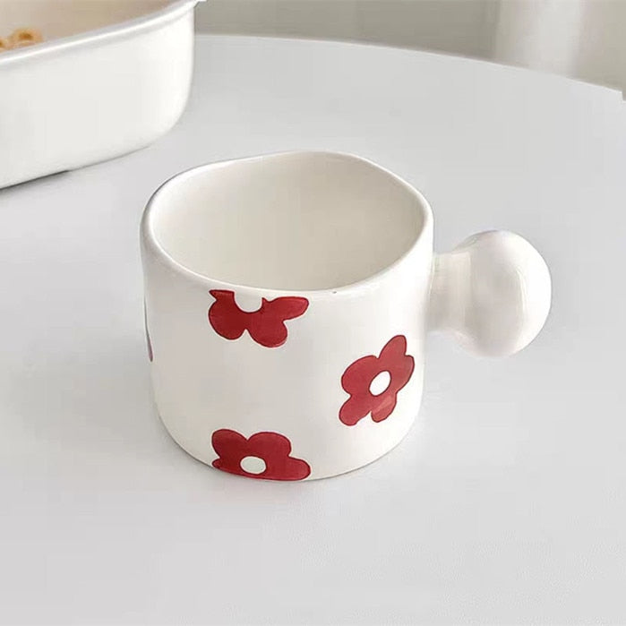 Red And White Ball Handle Cup And Saucer Set Heart Flower Grid Mugs