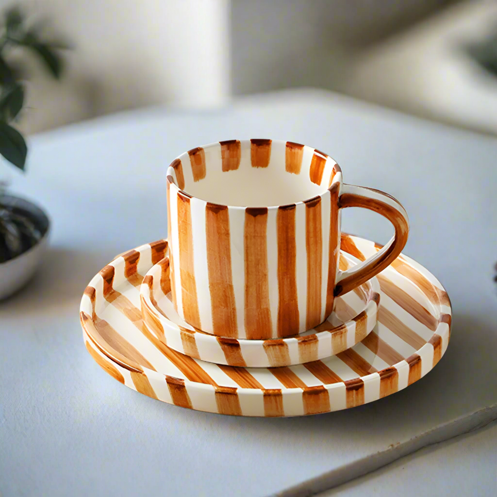 Nordic Striped Rustic Mug And Saucer Set - Yililo