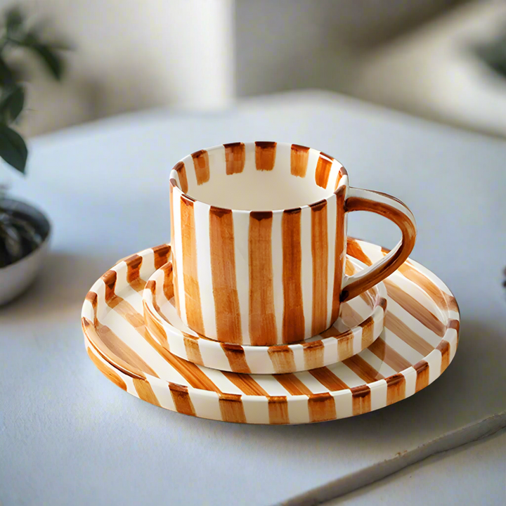 Nordic Striped Rustic Mug And Saucer Set