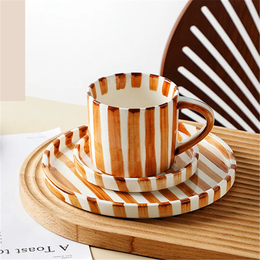 Nordic Striped Rustic Mug And Saucer Set - Yililo