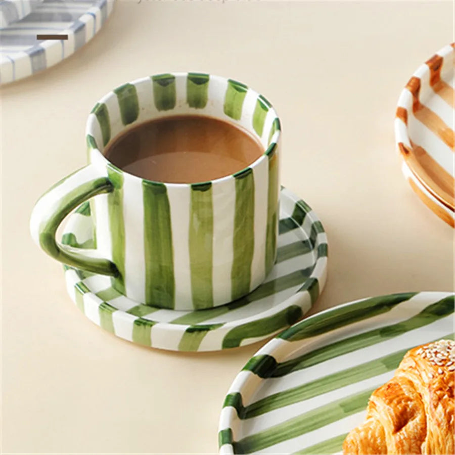 Nordic Striped Rustic Mug And Saucer Set