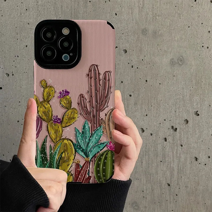 Pink Cactus Pattern Textured iPhone Case