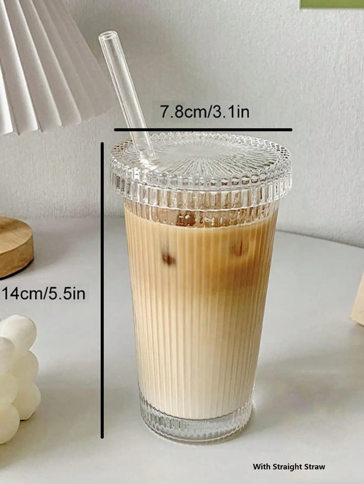 Stripe Ribbed Tall Glass Cup With Lid And Straw - Yililo