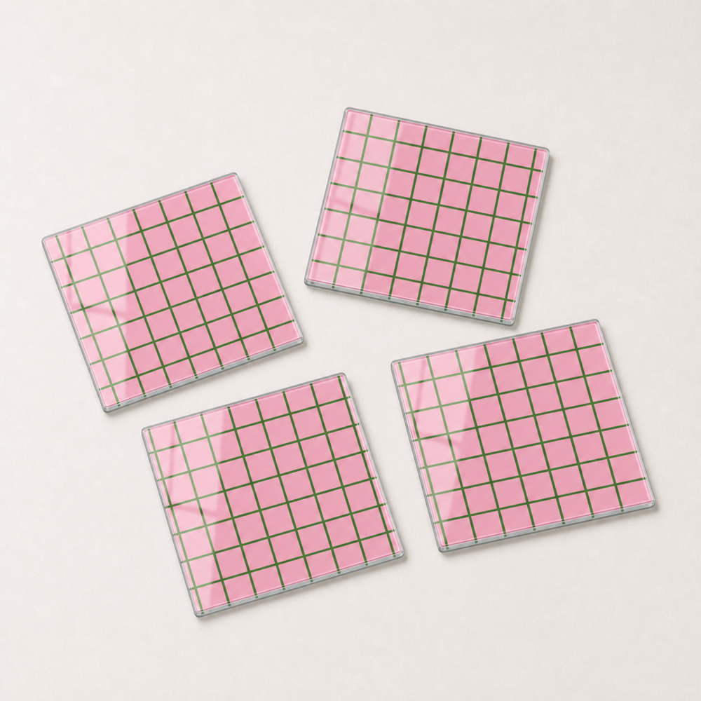 Saffron Plaid glass coaster set of 4 in warm ochre and terracotta check