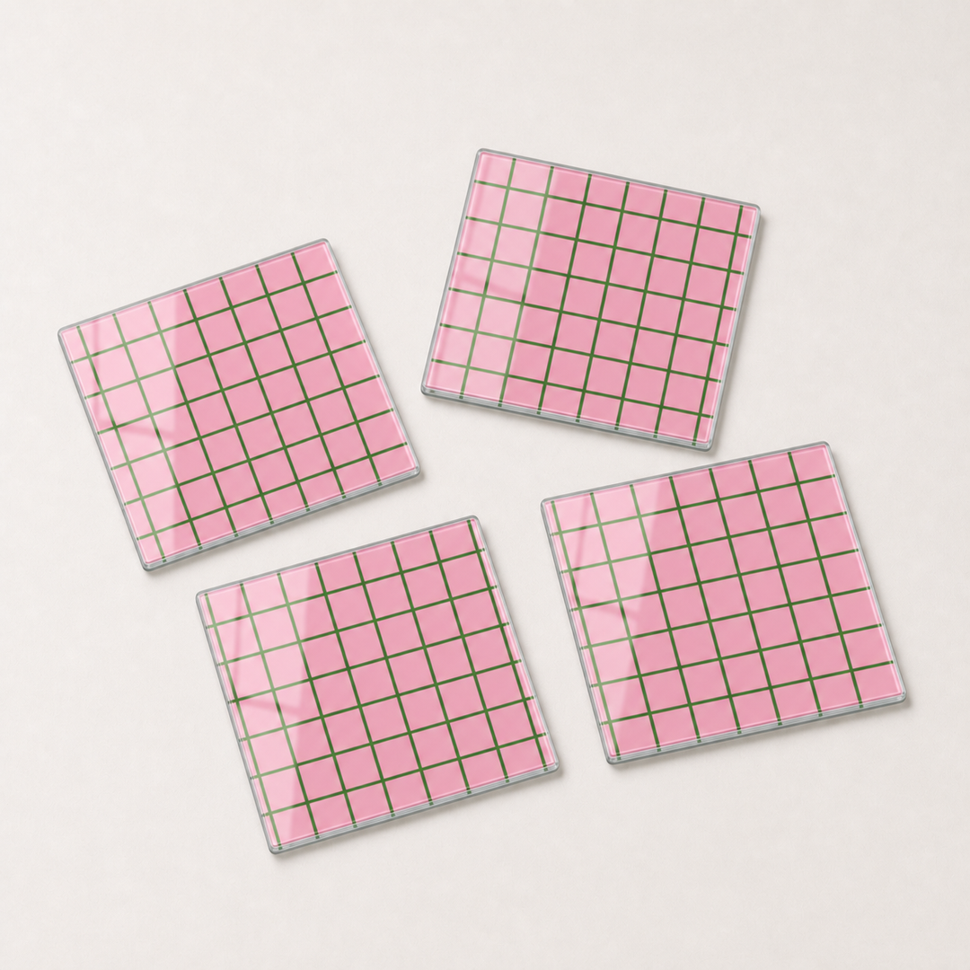 Saffron Plaid glass coaster set of 4 in warm ochre and terracotta check