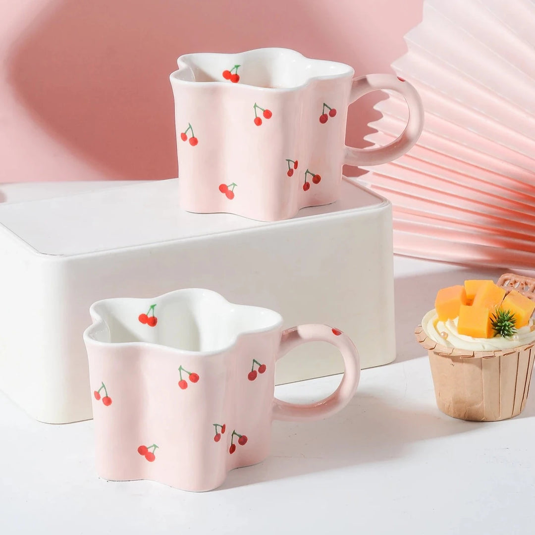 Pink Squiggle Rim Cherry Cup For Tea - Yililo