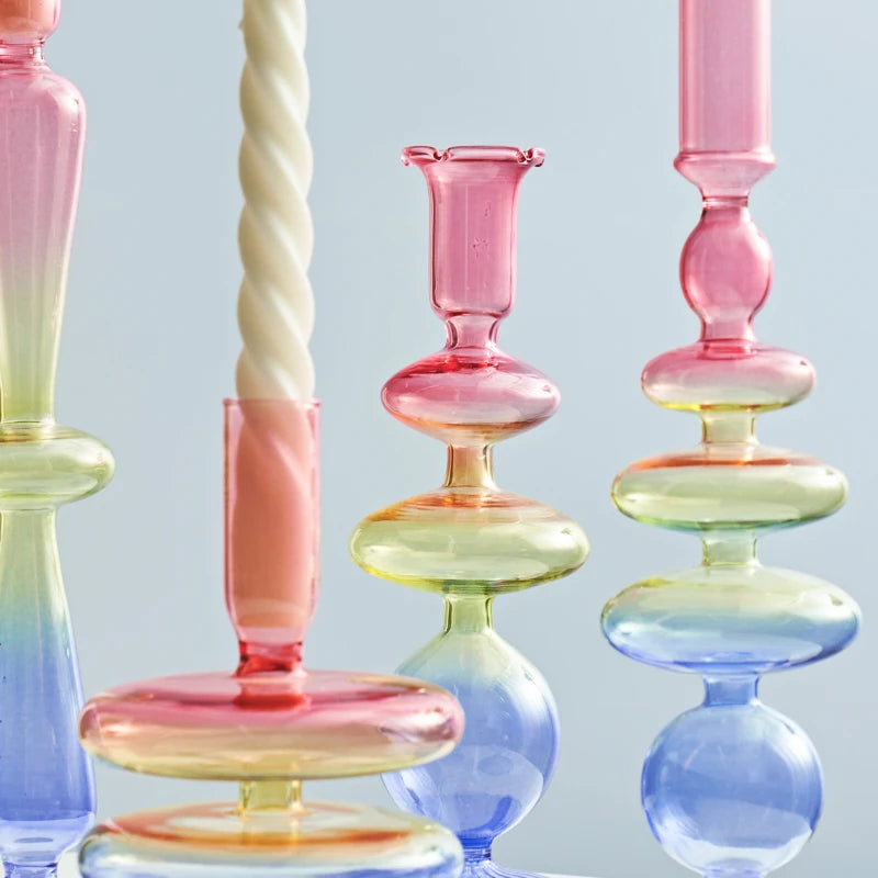 Rainbow Colour Glass Retro Candlesticks Taper Candle Holders - Yililo