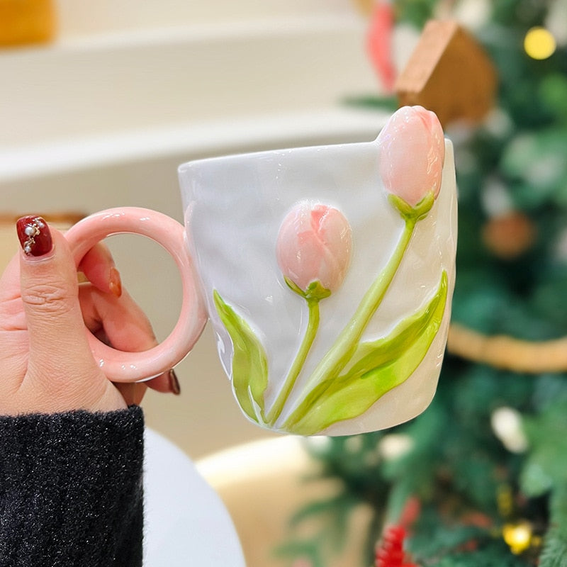 3D Mug With Roses And Tulips Wavy Edge Cup Pink Flowers
