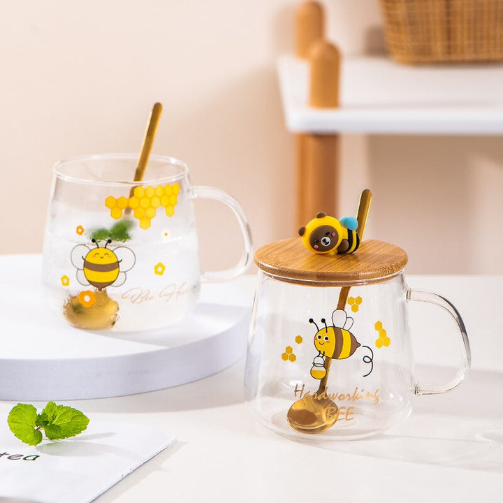 Bee Glass Cup With Lid And Spoon - Yililo
