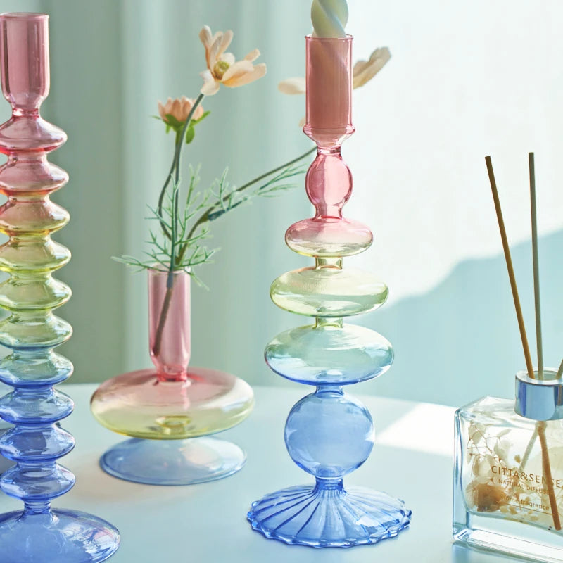 Rainbow Colour Glass Retro Candlesticks Taper Candle Holders