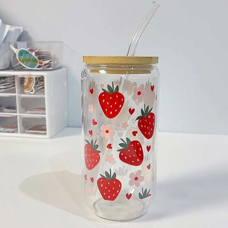 Strawberry Glass Beer Can Cup With Bamboo Lid And Straw Kawaii - Yililo