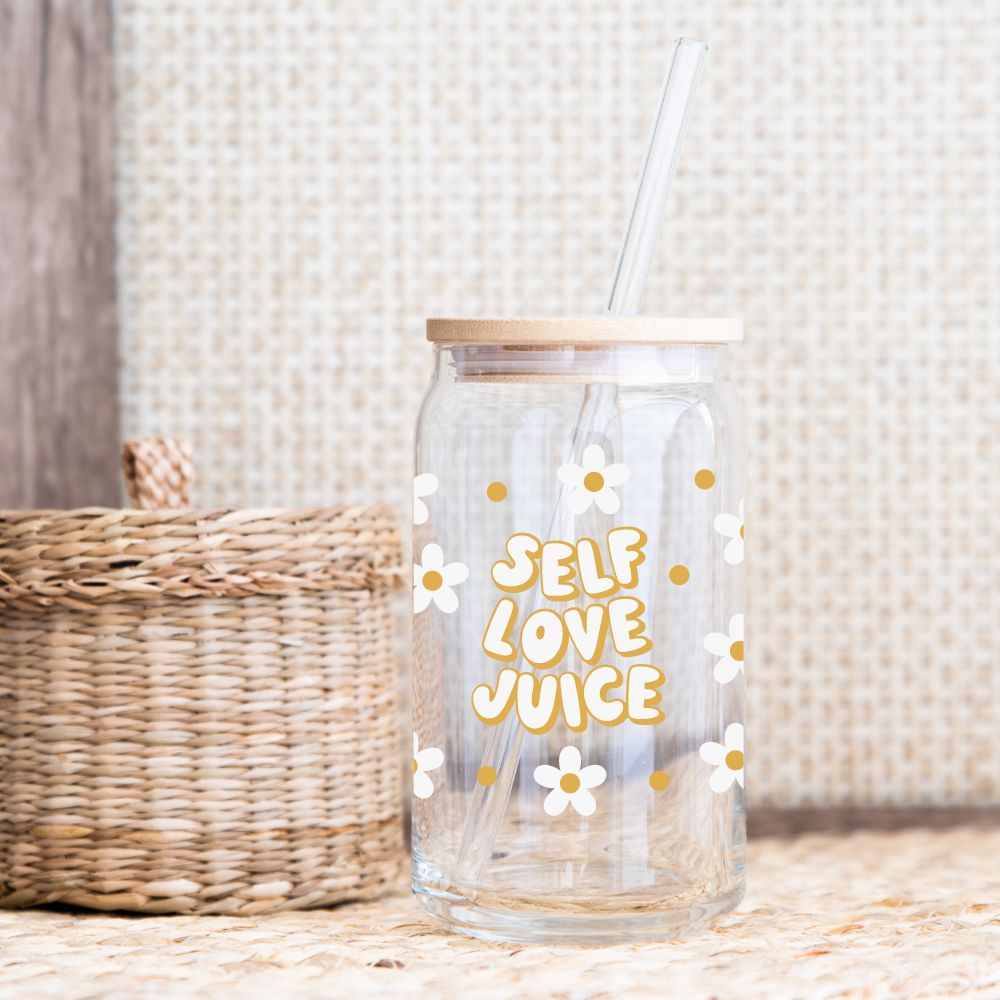 Self Love Juice Glass Beer Can Bamboo Lid Glass Straw 16oz - Yililo