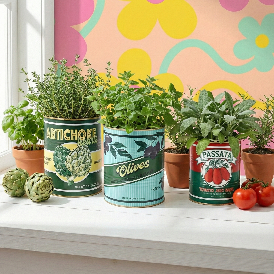 Potted plants in repurposed tomato cans against a colourful floral wall.