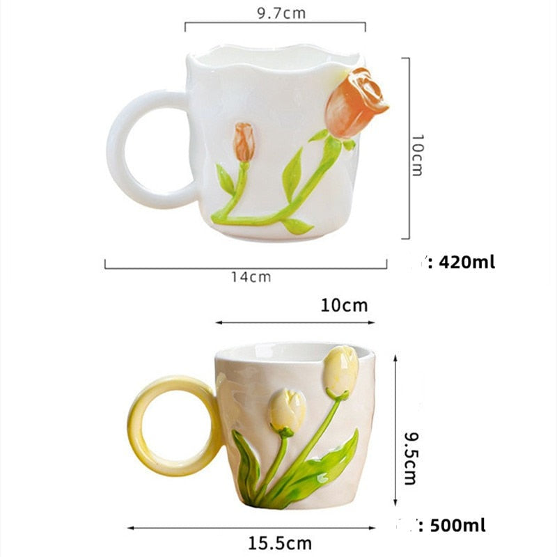 3D Mug With Roses And Tulips Wavy Edge Cup Pink Flowers - Yililo