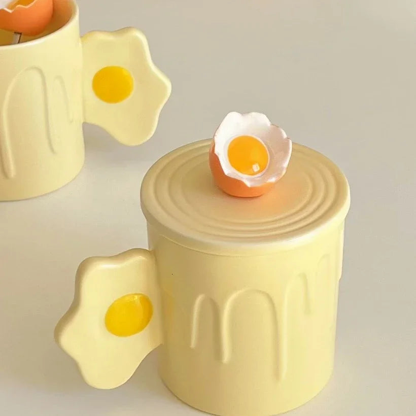 Yellow Egg Ceramic Mug with Lid Spoon