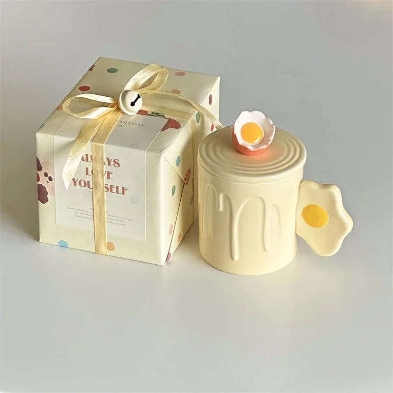 Yellow Egg Ceramic Mug with Lid Spoon