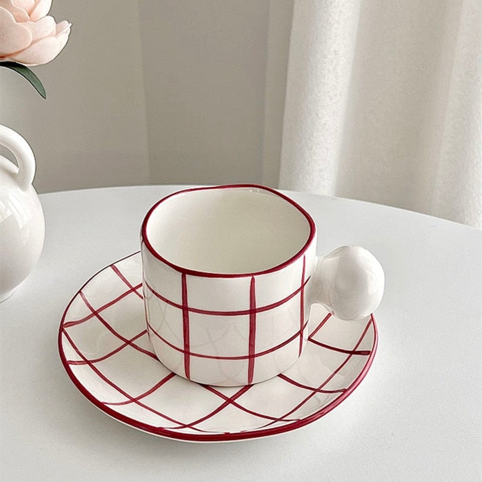 Red And White Ball Handle Cup And Saucer Set Heart Flower Grid Mugs - Yililo