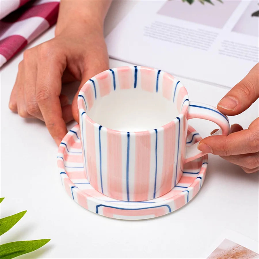 Nordic Striped Rustic Mug And Saucer Set - Yililo