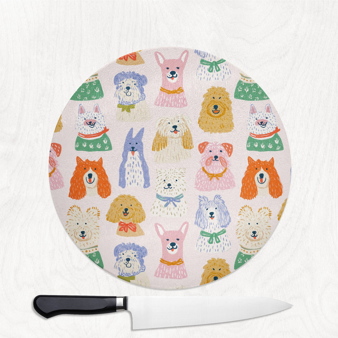 Smiling Colourful Dogs round glass chopping board with a happy crowd of painterly dogs