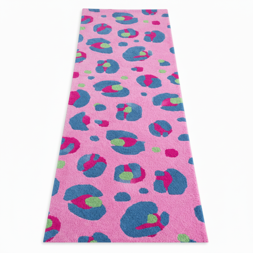 Soft pink leopard print rug pattern on a white background