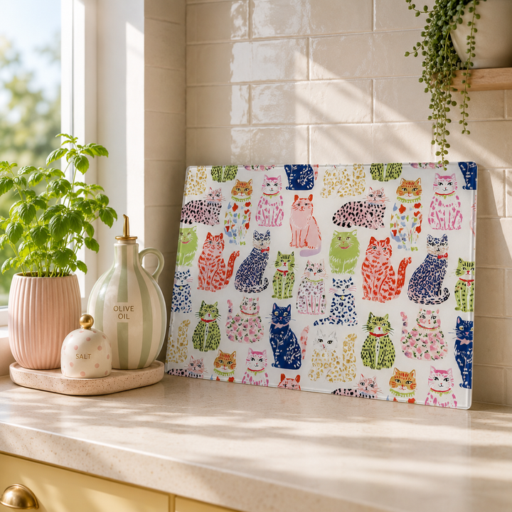 Cat print colourful glass worktop saver leaned against as wall with a olive oil
And salt
And pepper shaker 