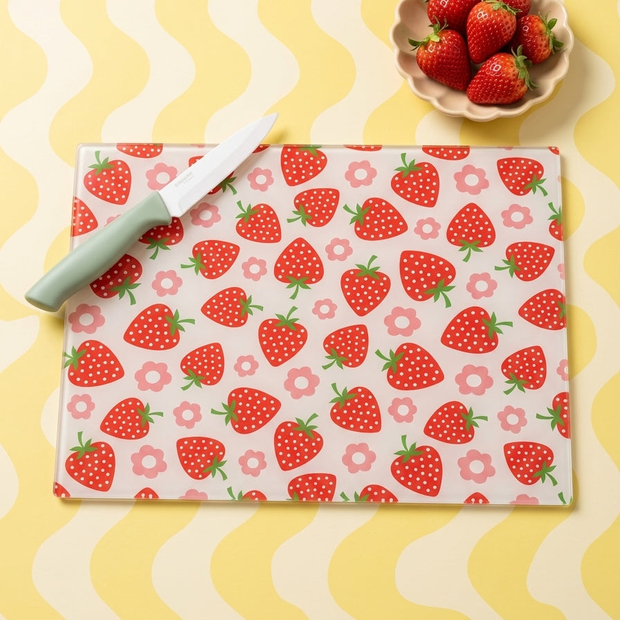 Chopping board with strawberry pattern on a yellow and white wavy background