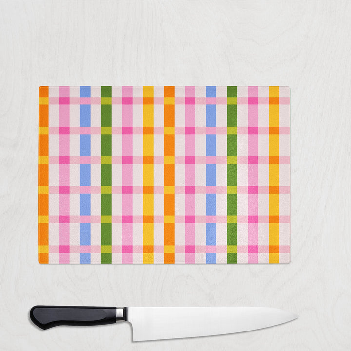 Sunday Stripe glass chopping board with soft sun-washed hand-painted stripes