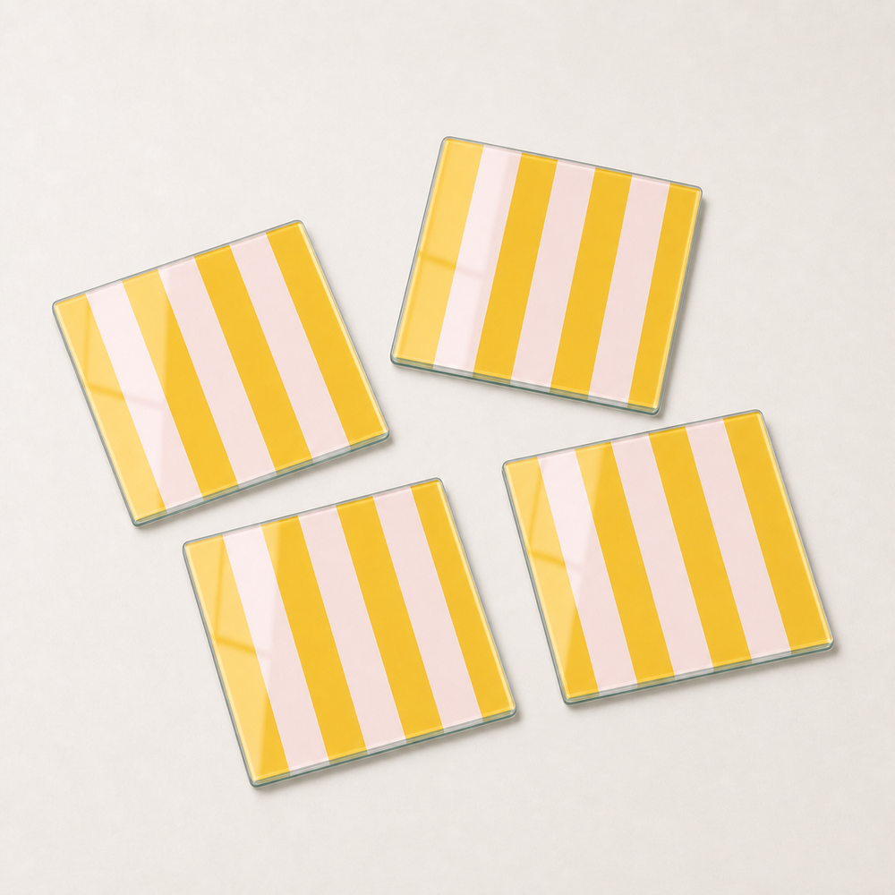Sunday Stripe glass coaster set of 4 with soft sun-washed hand-painted stripes