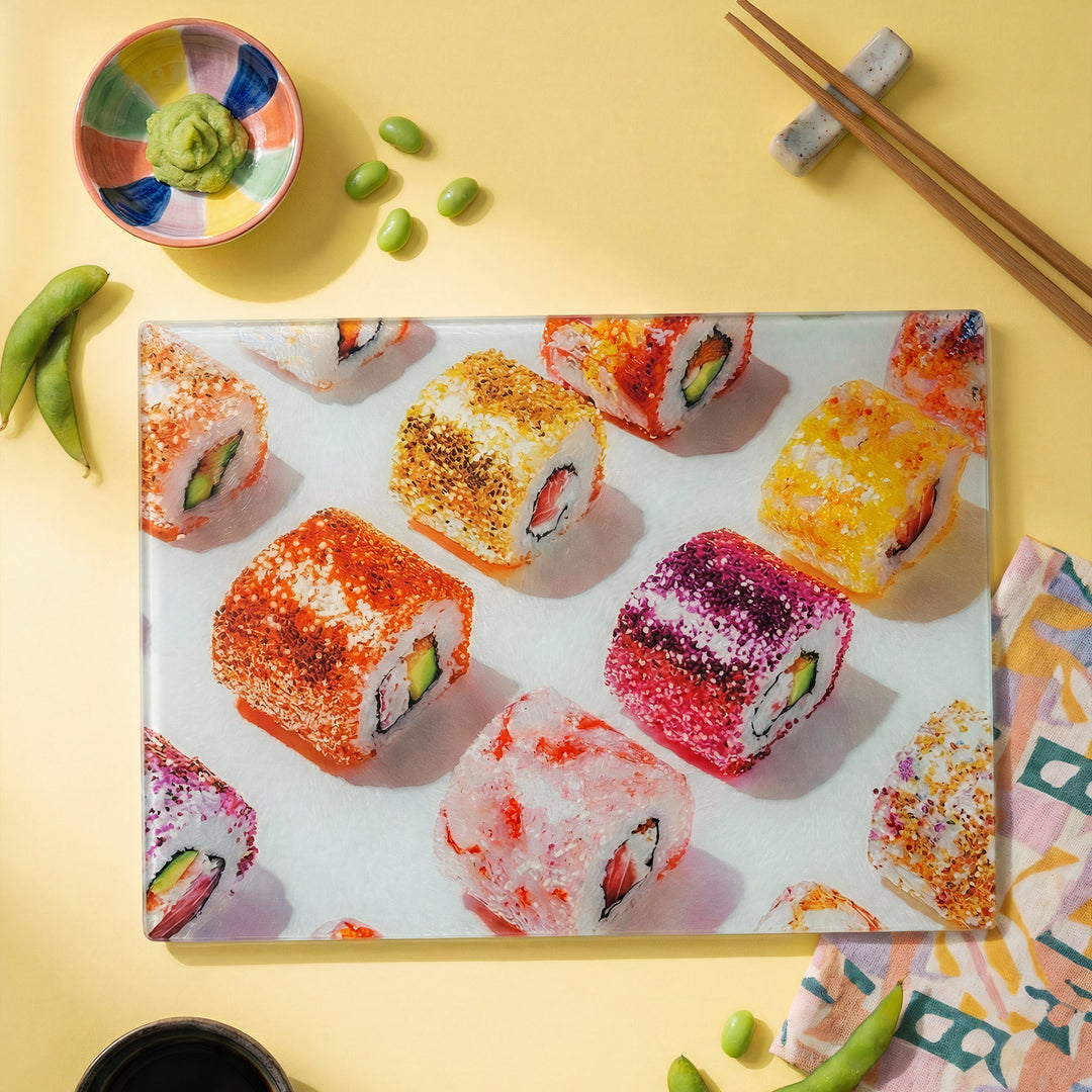 Glass Chopping Board wtih chopsticks and beans and wasabi 