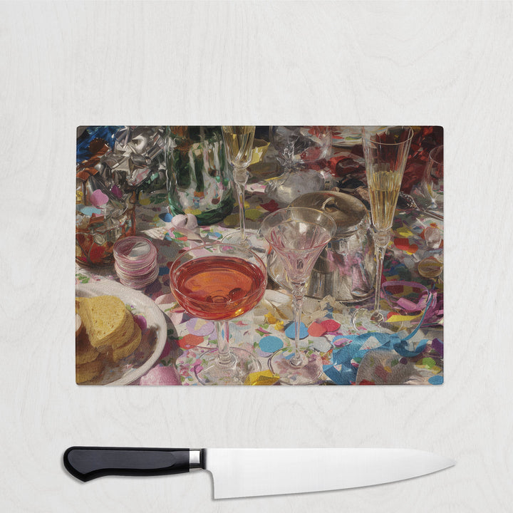Cutting board with a colorful table scene design on a white surface