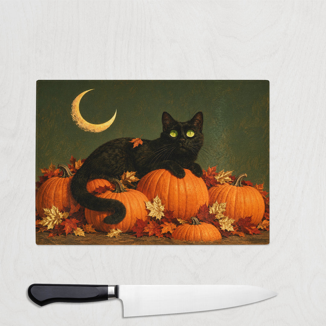 The Black Cat And The Pumpkins glass chopping board with a green-eyed black cat stretched across a pile of pumpkins and autumn leaves