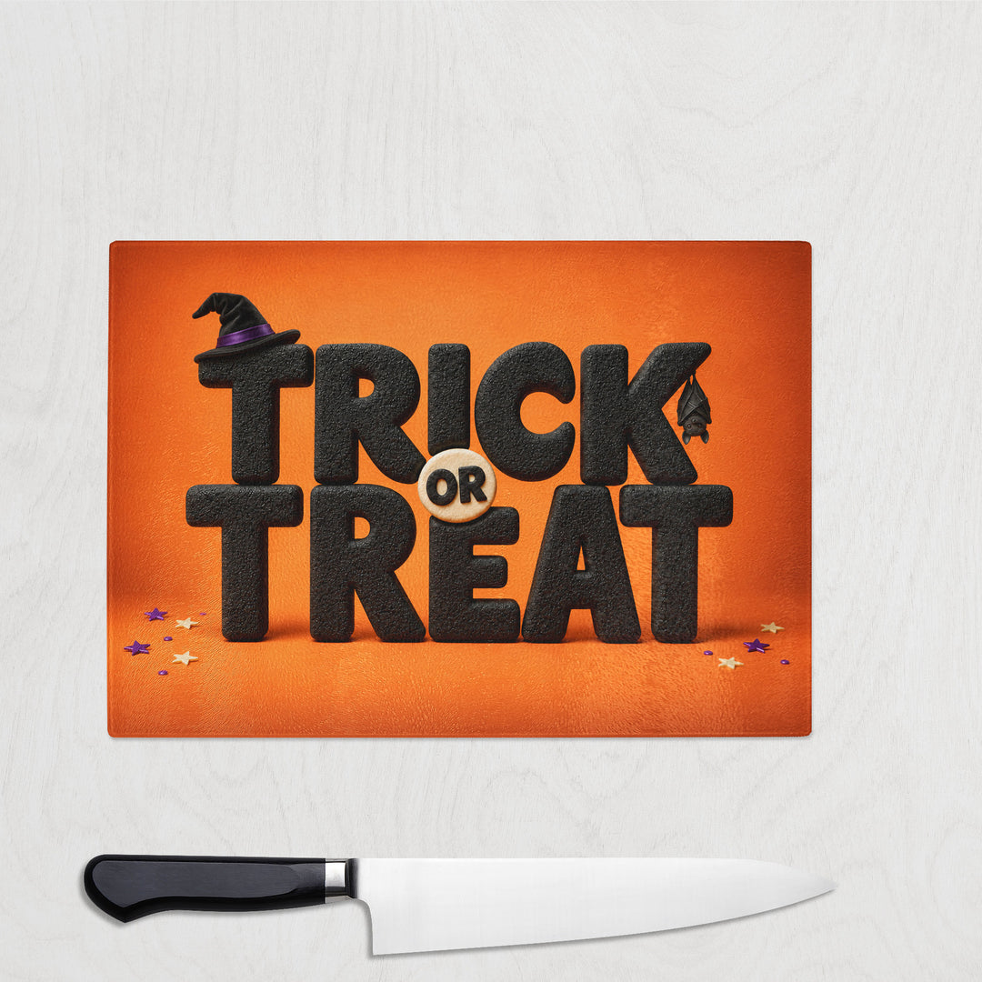 Trick Or Treat Sign glass chopping board with big chunky black Trick Or Treat lettering and a witch's hat on bright orange