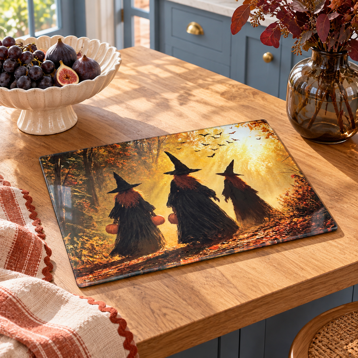 A rectangular glass chopping board with a printed illustration of three witches in black hats walking through an autumn forest at sunset, placed on a wooden kitchen island. The scene includes a bowl of grapes and figs, a glass vase with dried leaves, and a striped cloth, showing a real home environment.