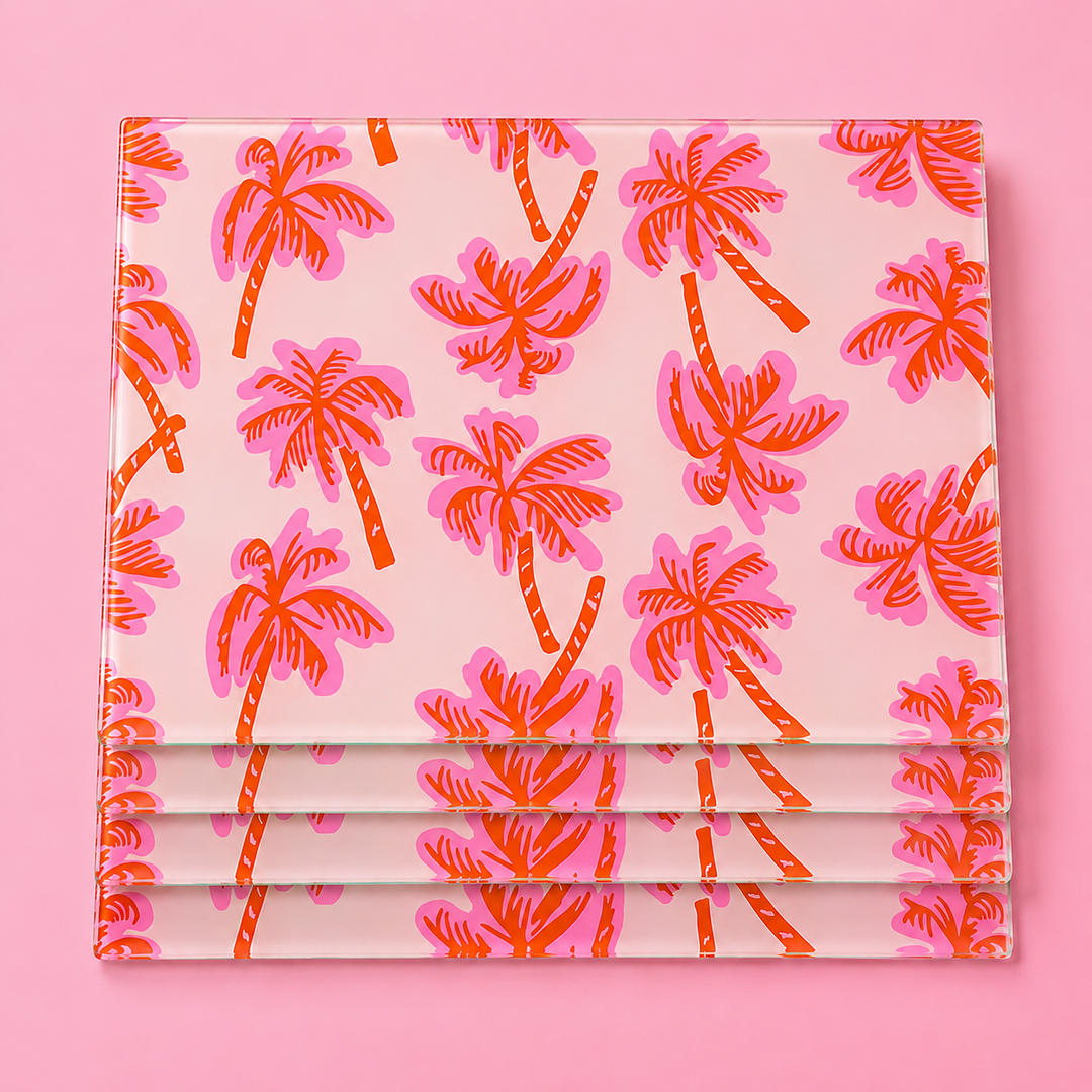 Tropical vibes glass placemats by Yililo, a set of colourful wipe clean table mats