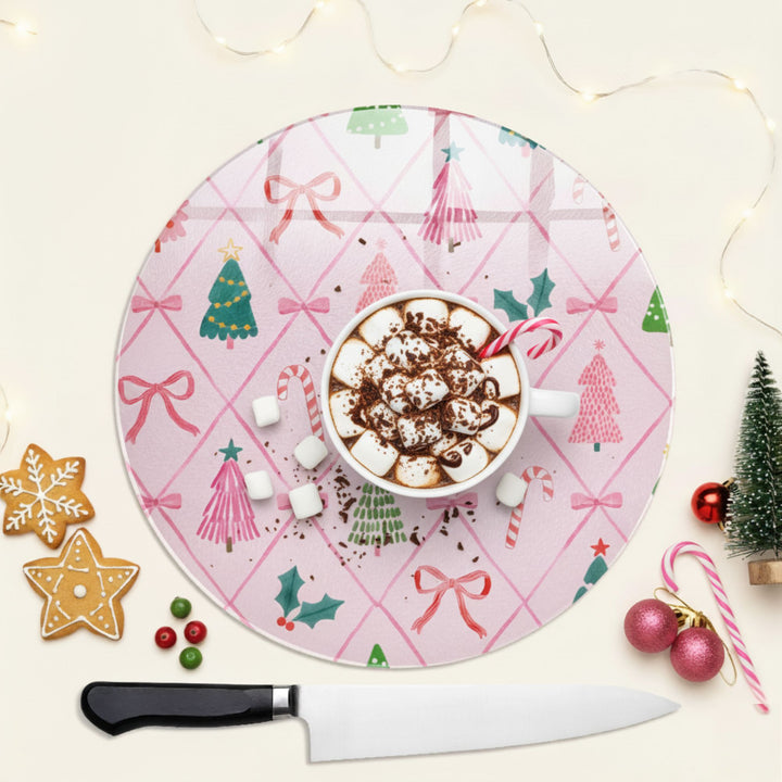 Pink Christmas Trees Round Glass Chopping Board