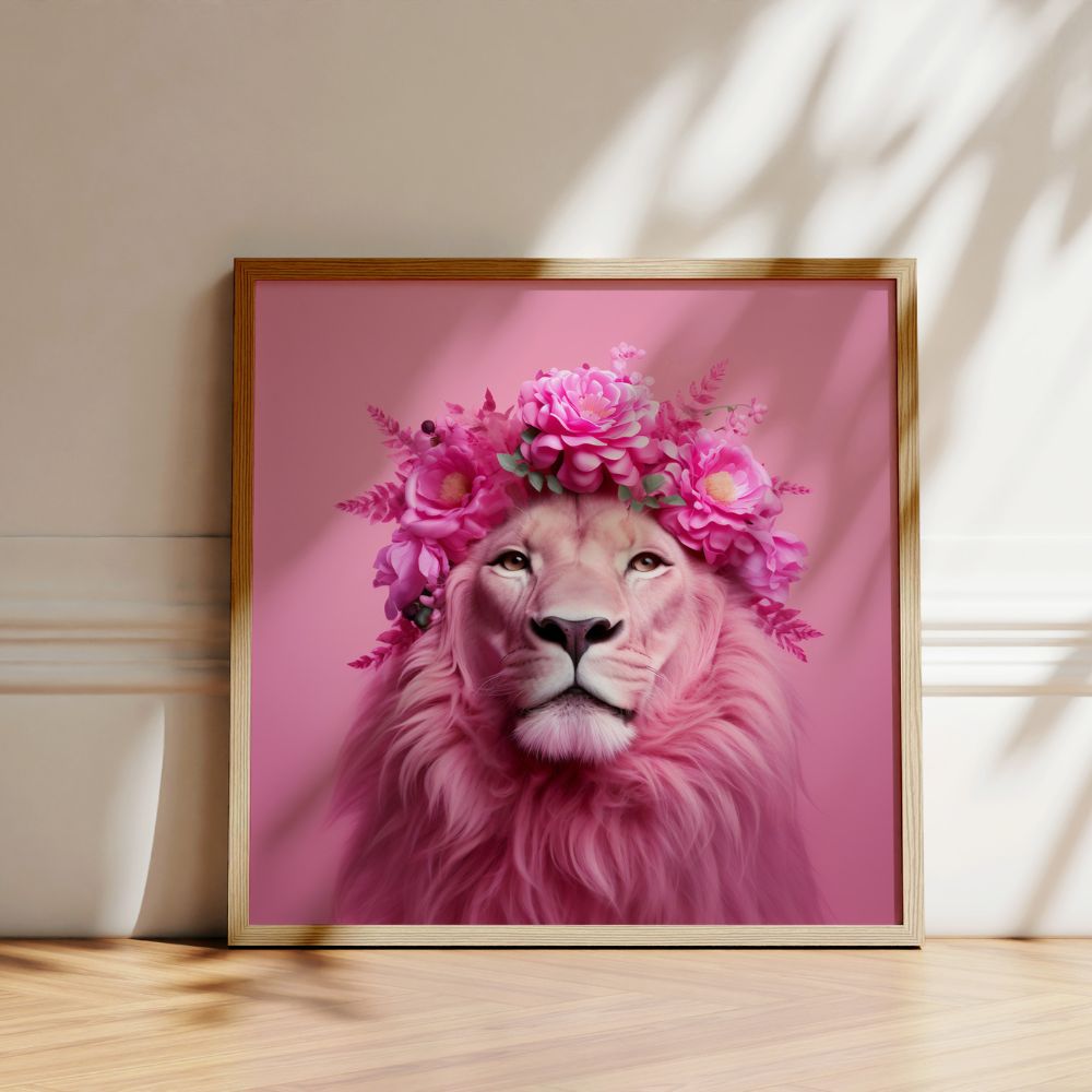 Pink Lion with Flower Crown Wall Art Poster