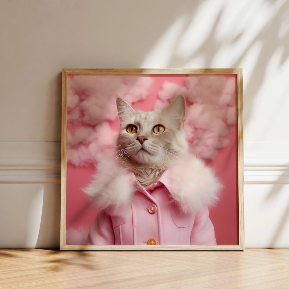 Pink Cute Cat And Clouds Wall Art Poster - Yililo