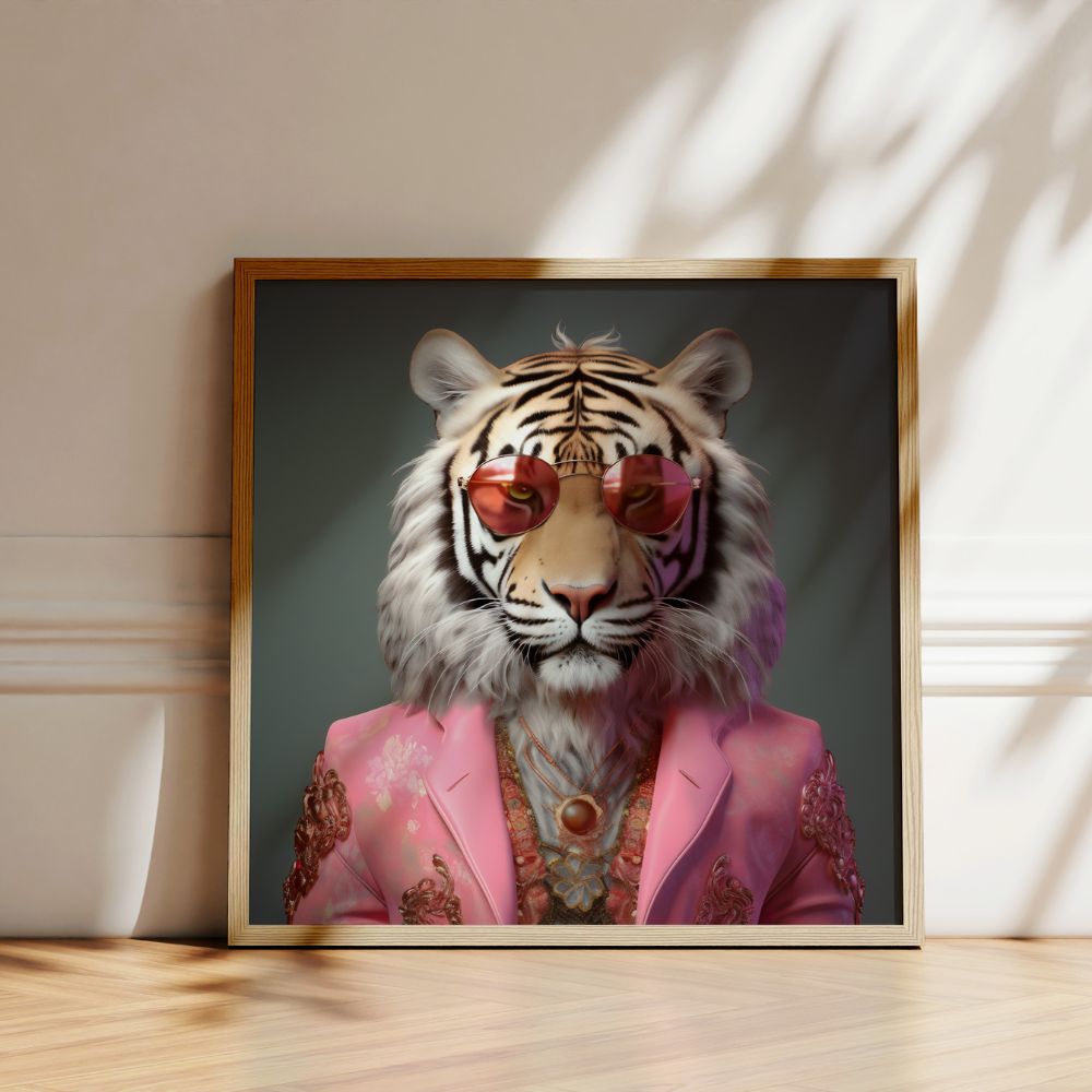 Wandkunst-Poster „Tiger im rosa Anzug“.