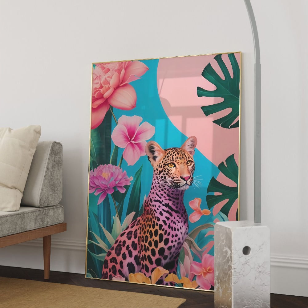 Tropischer rosa Leoparden-Flora-Fine-Art-Wanddruck