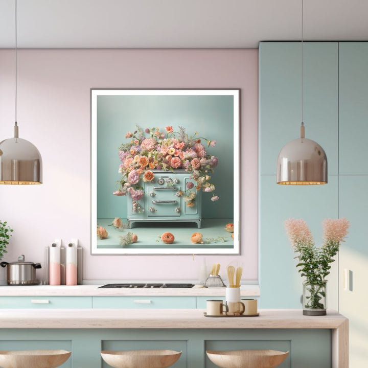 Vintage Cooker And Flowers Wall Art Print