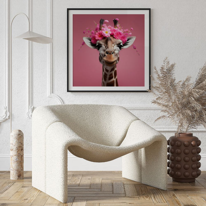 Pink Giraffe Flower Crown Wall Art Poster