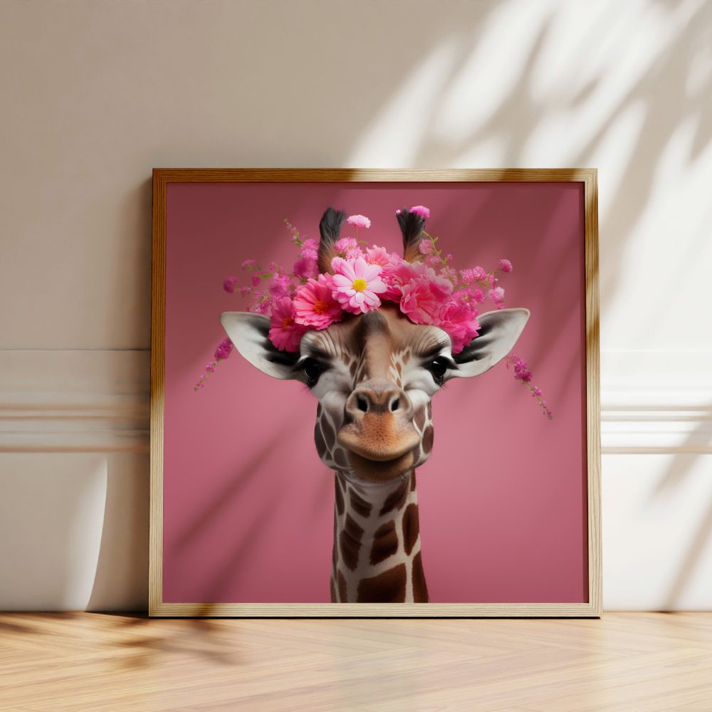 Pink Giraffe Flower Crown Wall Art Poster