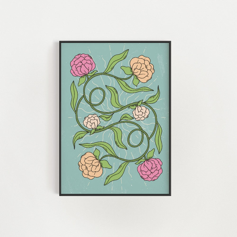 Flower And Vines Green Wall Art Poster Print