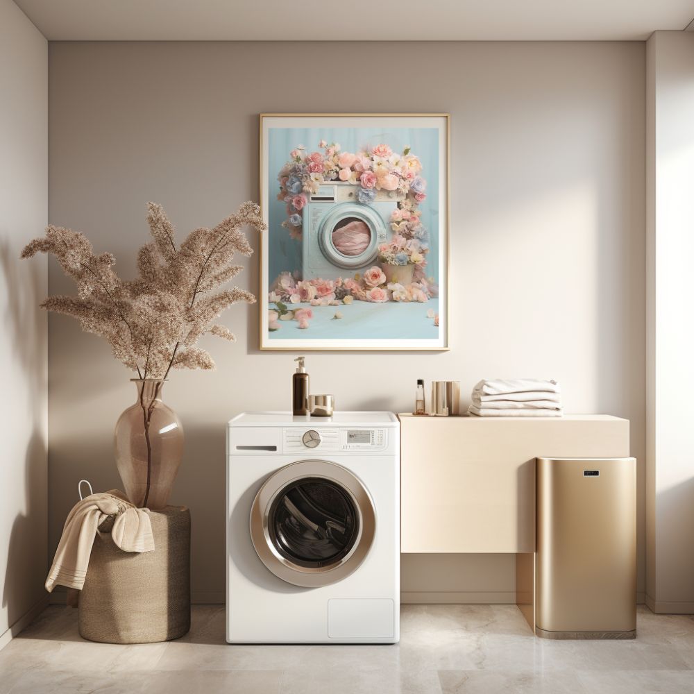 Vintage Washing Machine And Flowers Wall Art Print - Yililo