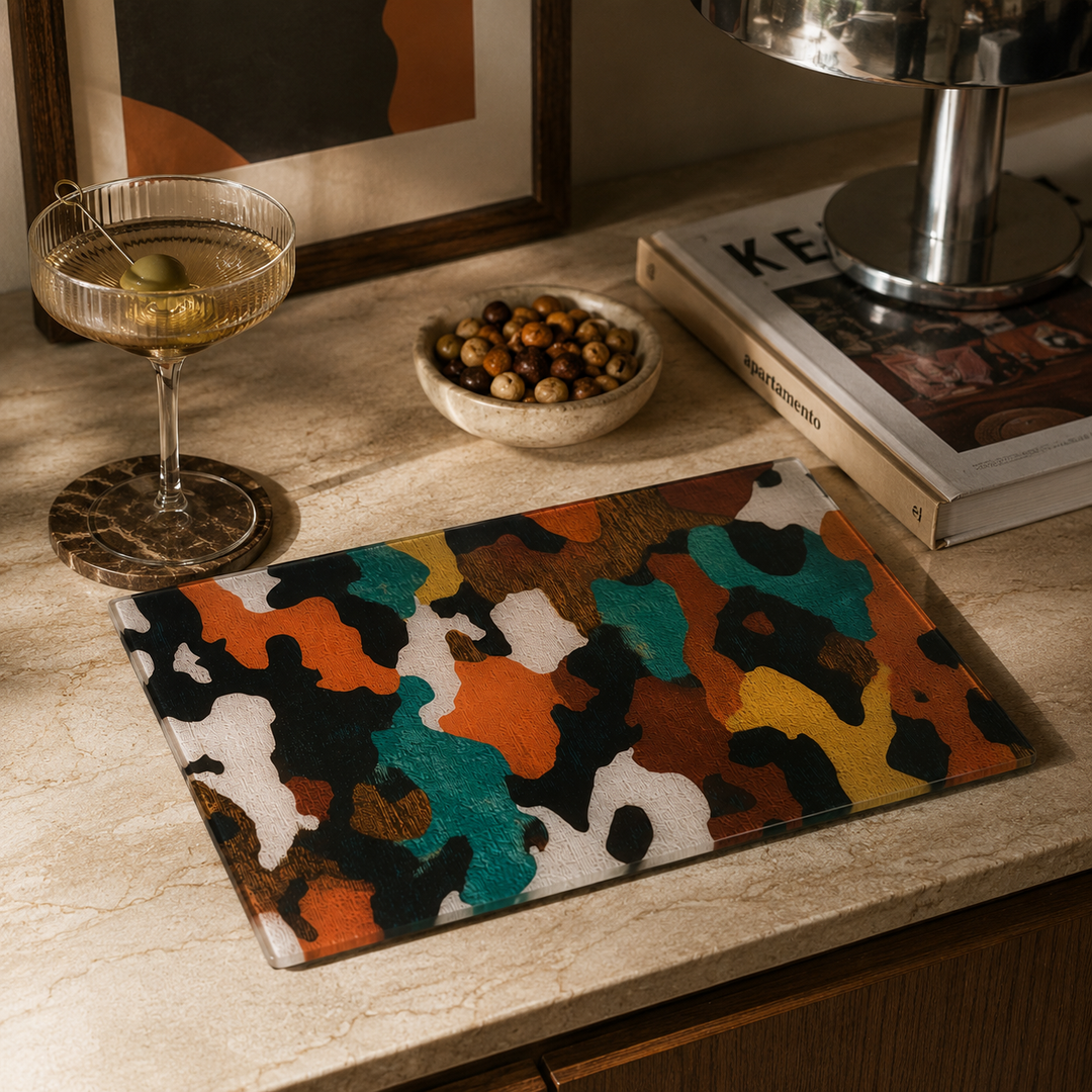 Colorful abstract earth coloured worktop saver on a wooden surface with a cocktail and snacks.