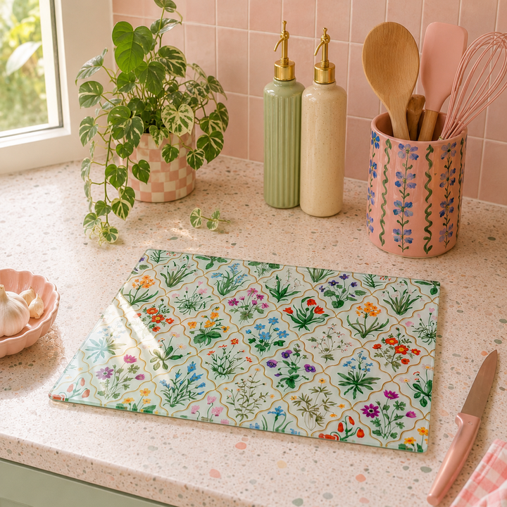 Kitchen counter with floral-patterned cutting board, green and beige bottles, and pink utensil holder.