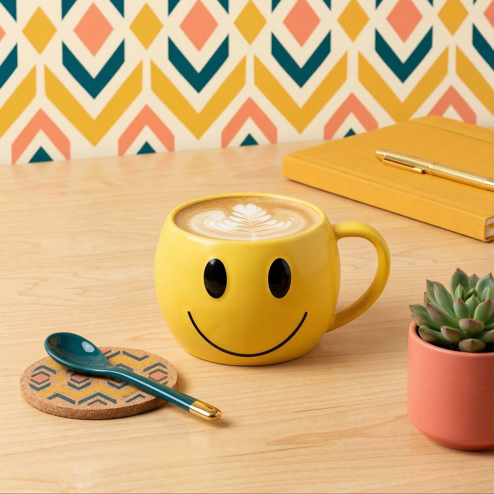 Yellow Smiley Or Sad Mood Mug sat on a table surrounded by a spoon, coaster and a pot plant