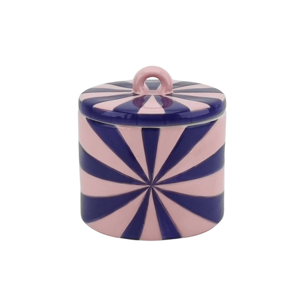 Blue and pink ceramic swirl jar with lid in glossy dolomite finish